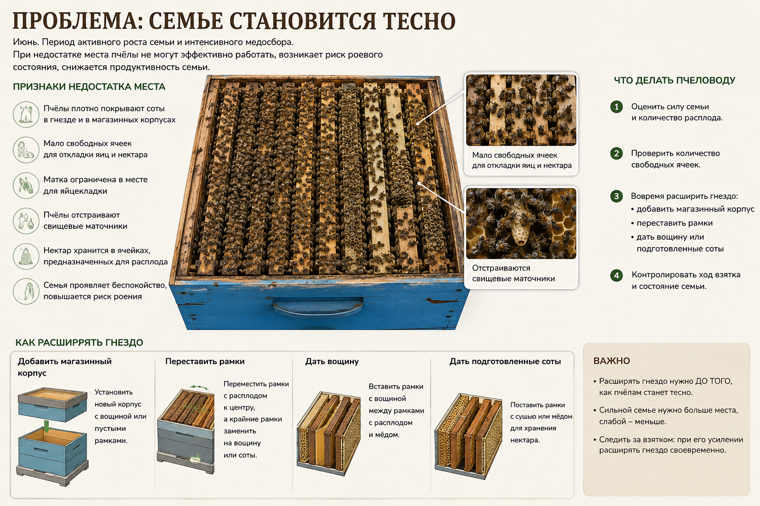 Июнь на пасеке. Состояние пчелиных семей, основные проблемы и работы пчеловода.